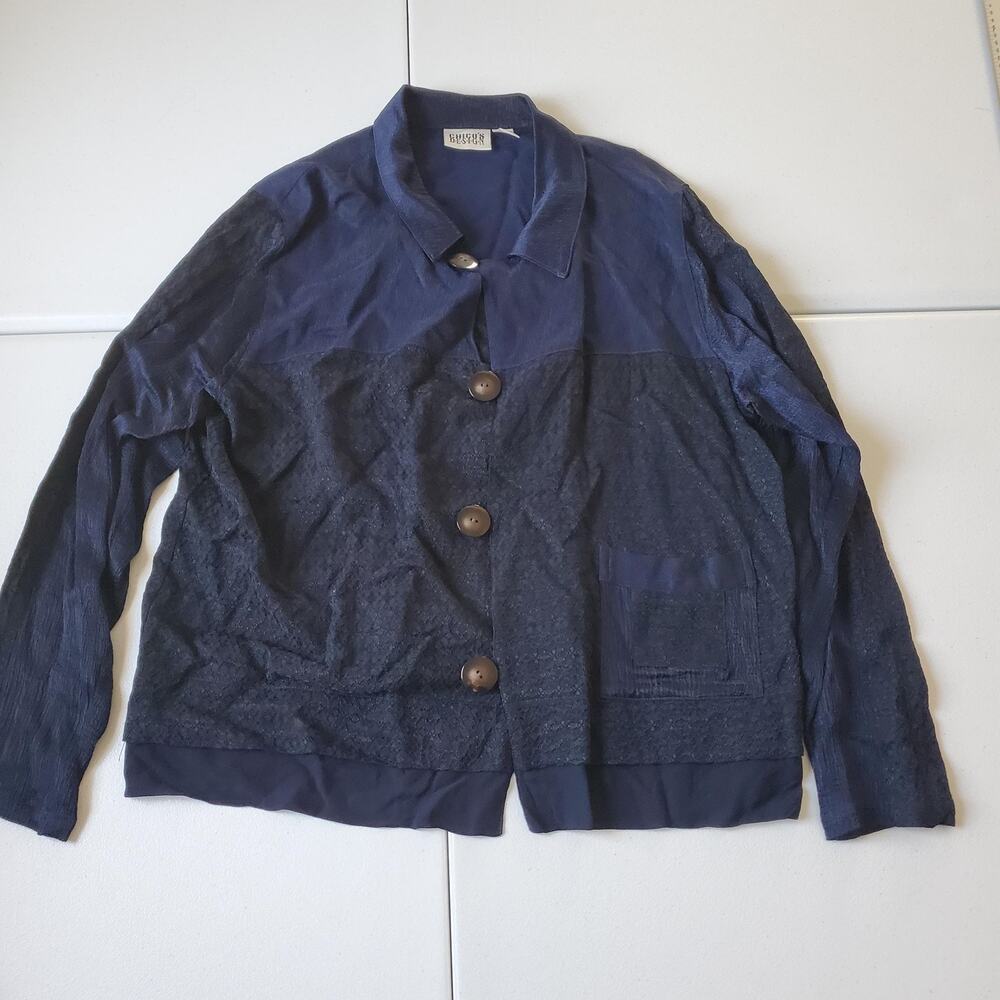 Vintage Chico's Design Jacket Womens large Blue Rayon Textured Button Short USA